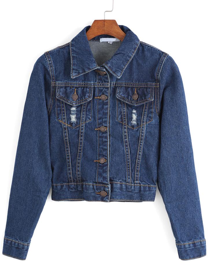 Romwe Lapel Ripped With Pockets Denim Coat