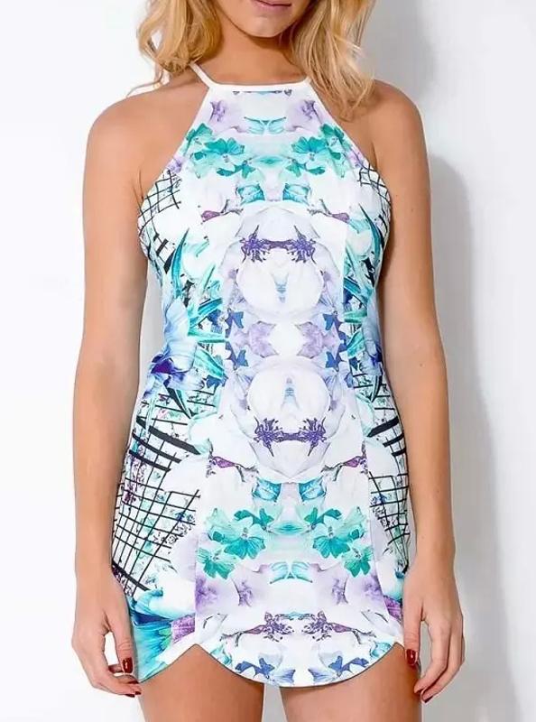 Romwe Halter Flower Print Asymmetrical Hem Dress