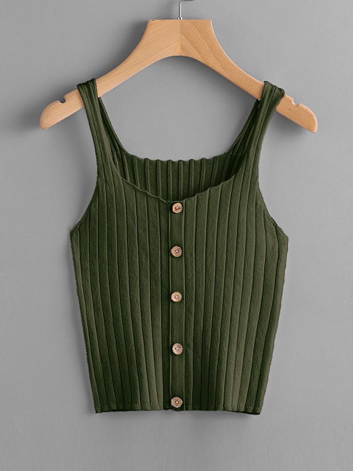 Romwe Button Up Rib Knit Top