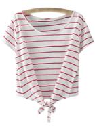 Romwe Red Stripe Short Sleeve Self-tie Bow T-shirt