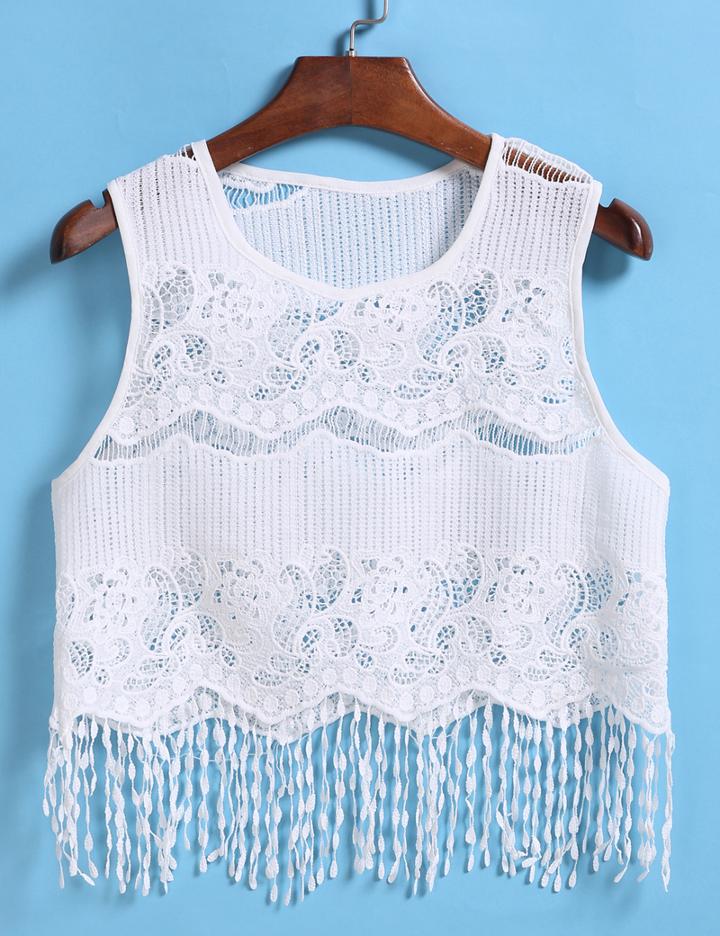 Romwe With Tassel Hollow Lace Tank Top