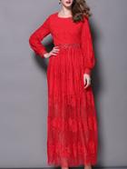 Romwe Red Round Neck Long Sleeve Beading Lace Dress