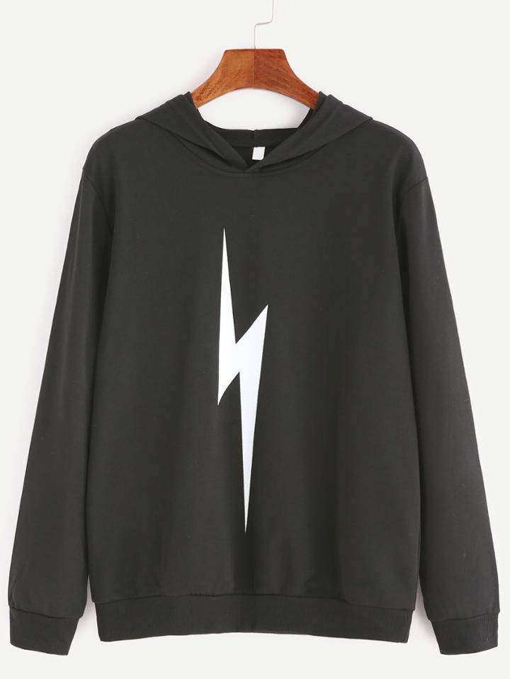 Romwe Black Lightning Print Hooded Sweatshirt