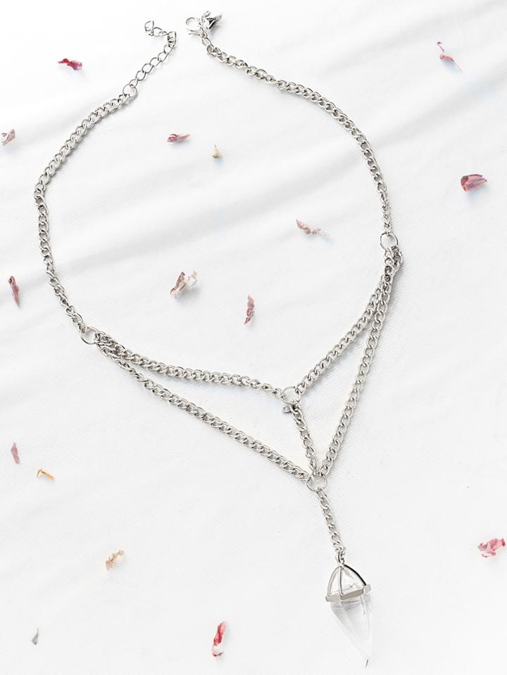 Romwe Crystal Pendant Layered Chain Necklace