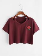 Romwe Burgundy Ripped Neck Rose Embroidered Patch Crop T-shirt