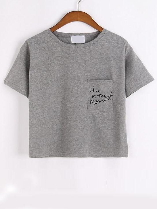 Romwe Grey Letter Print Pocket T-shirt
