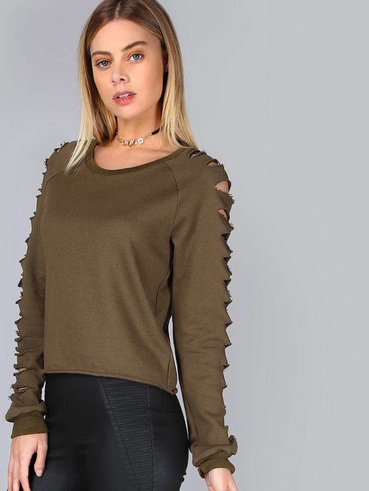 Romwe Olive Green Raglan Sleeve Ripped Sweatshirt