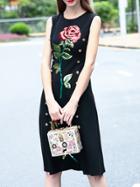 Romwe Black Sleeveless Rose Sequined Shift Dress