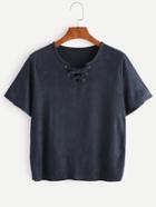Romwe Navy V Cut Lace Up T-shirt
