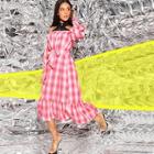 Romwe Contrast Cold Shoulder Belted Ruffle Hem Plaid Dress