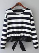 Romwe Navy Long Sleeve Striped Bow Zipper Sweatshirt