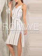 Romwe Vertical Breton Stripe Spaghetti Strap Waistband Split Dress