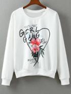 Romwe White Letters Flowers Print Pullover Sweatshirt