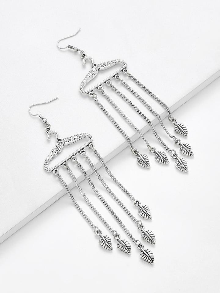 Romwe Leaf Detail Chain Tassel Drop Earrings