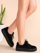 Romwe Black Lace Up Velvet Platform Shoes