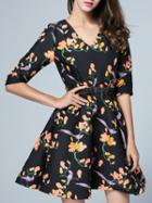 Romwe Black V Neck Half Sleeve Drawstring Print Dress