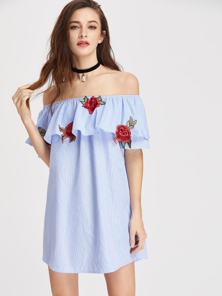 Romwe Embroidered Rose Patch Striped Flounce Bardot Dress