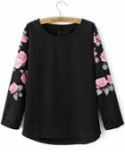 Romwe Black Floral In Sleeves Sweatshirt