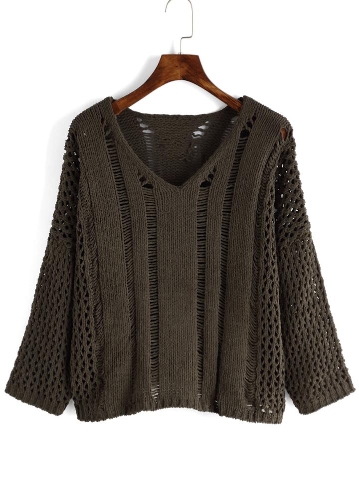 Romwe V Neck Ripped Army Green Sweater