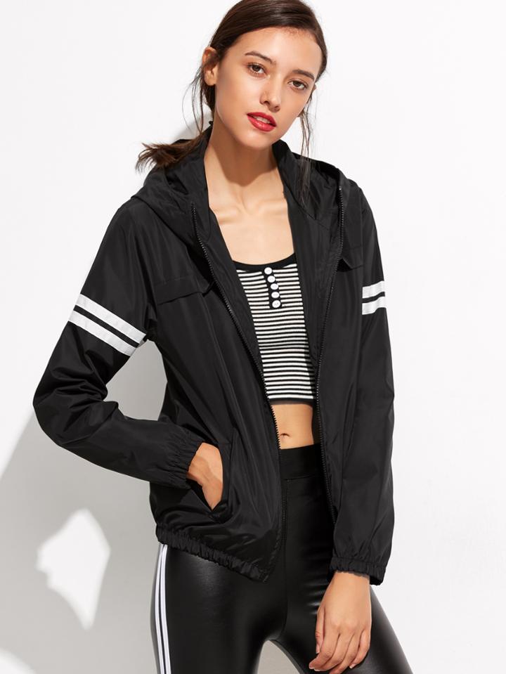 Romwe Black Letter Print Back Varsity Striped Hooded Jacket