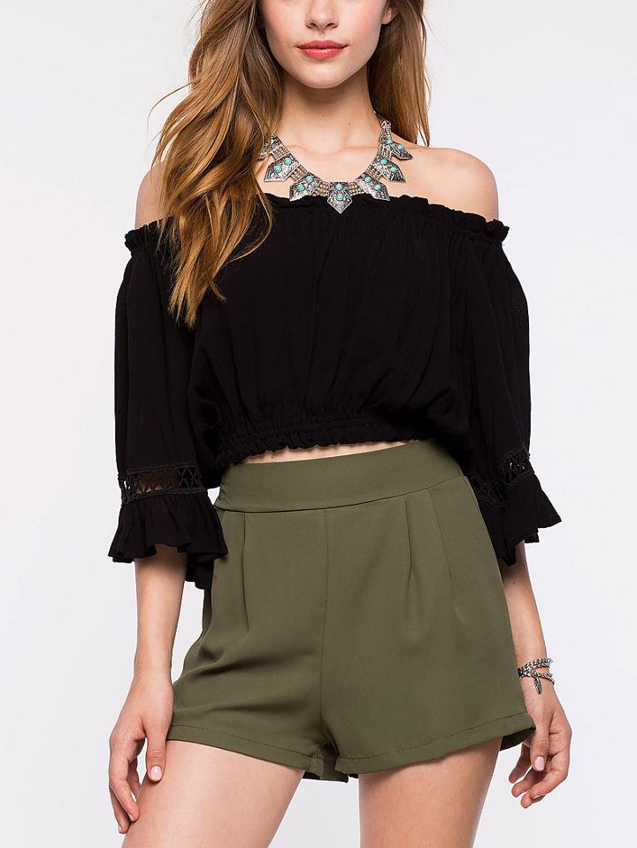 Romwe Black Crochet Insert Off The Shoulder Crop Top