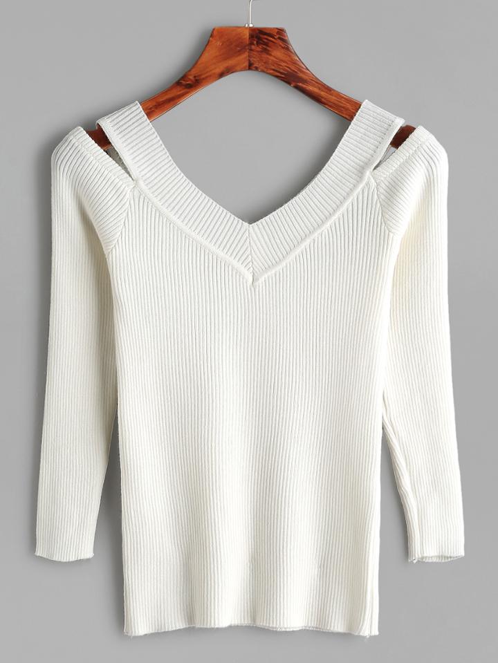 Romwe White Open Shoulder Ribbed Tight Knitwear