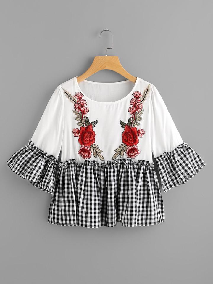 Romwe Fluted Sleeve Rose Applique Contrast Checked Hem Tee