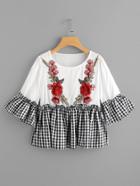 Romwe Fluted Sleeve Rose Applique Contrast Checked Hem Tee