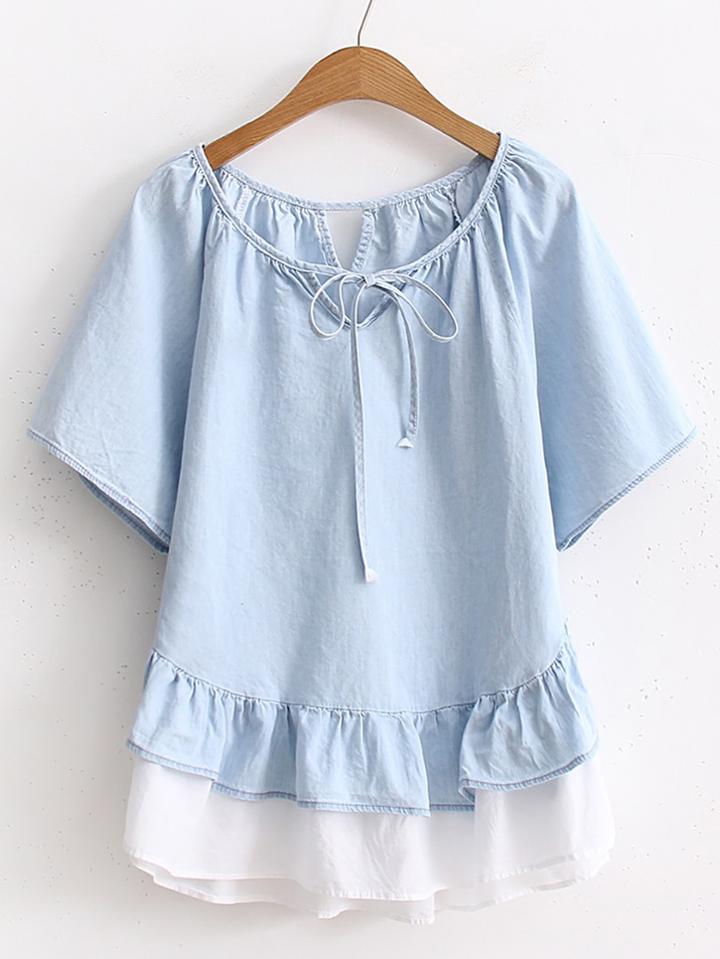 Romwe Lace Up Neck Contrast Hem Layered Top