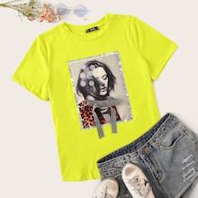 Romwe Neon Green Figure Print Sequin Detail Tee