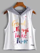 Romwe Color Block Letter Print Sleeveless Hooded Top