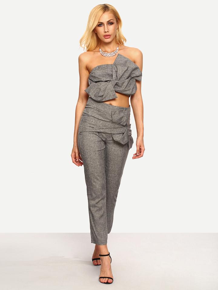 Romwe Oversized Bow Bandeau Top With Pants - Grey