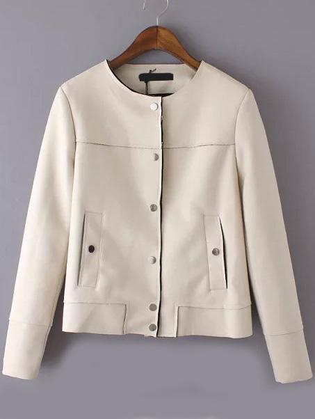 Romwe Round Neck Suede Pockets Beige Jacket