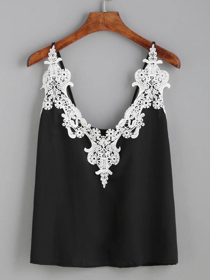 Romwe Black Embroidered Lace Applique Cami Top