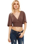 Romwe Coffee V Neck Bow Tie Back Blouse