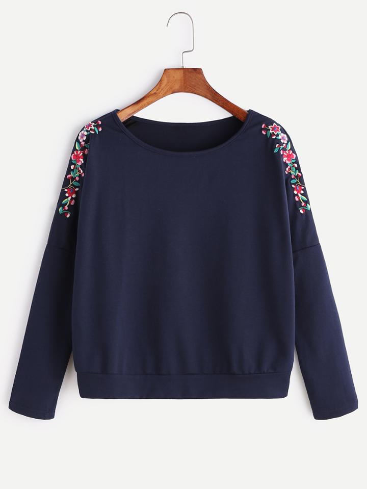 Romwe Navy Dropped Shoulder Flower Embroidered Sweatshirt