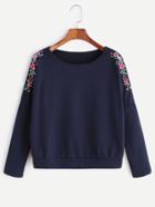 Romwe Navy Dropped Shoulder Flower Embroidered Sweatshirt