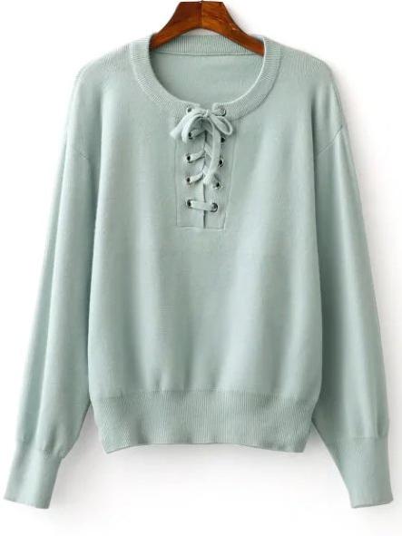 Romwe Green Ribbed Trim Eyelet Lace Up Knitwear