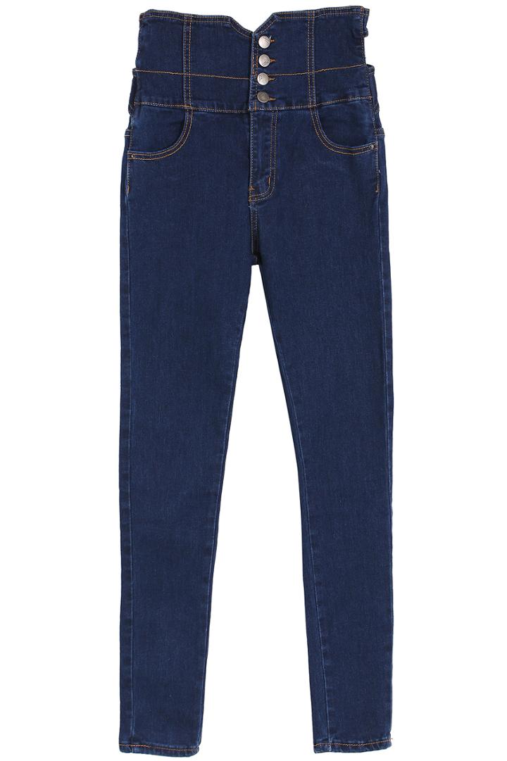 Romwe High Waist Buttons Denim Blue Pant