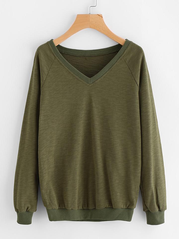 Romwe Ribbed Trim Raglan Sleeve Slub Sweatshirt