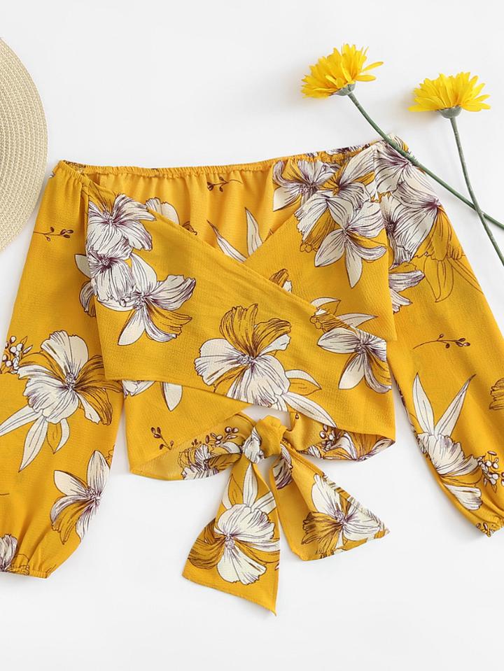 Romwe Off Shoulder Cut Out Back Floral Top