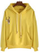 Romwe Hooded Drawstring Deer Embroidered Yellow Sweatshirt