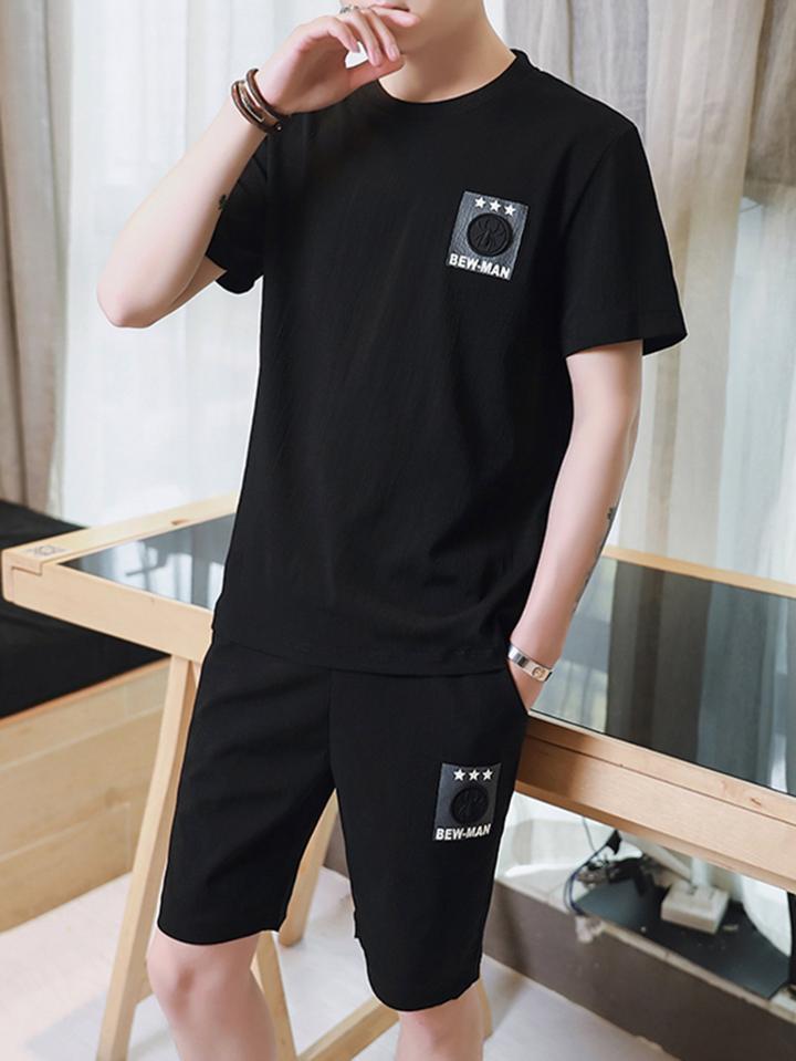 Romwe Men Star And Letter Applique Tee With Shorts