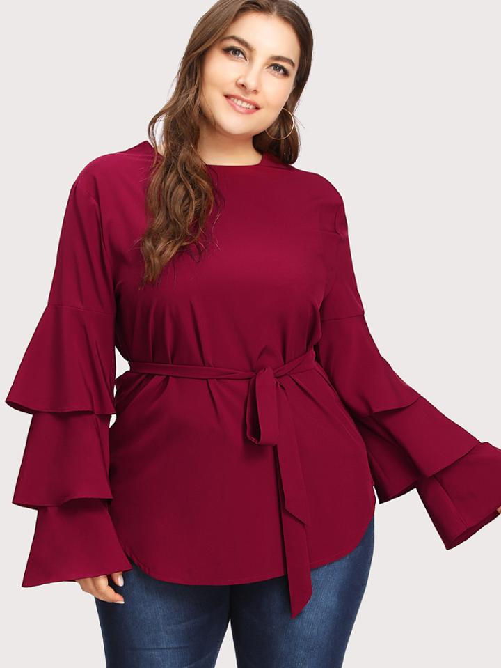 Romwe Layered Sleeve Tie Waist Tee