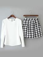 Romwe Round Neck Slim White Top With Houndstooth Skirt