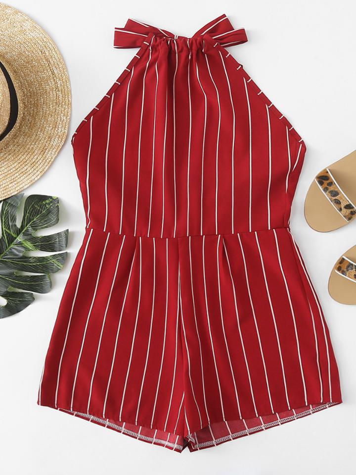 Romwe Cut Out Back Striped Halter Romper