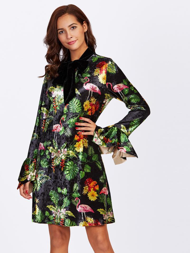 Romwe Tie Neck Tropical Velvet Dress