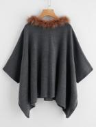 Romwe Hanky Hem Faux Fur Trim Hooded Poncho Sweater