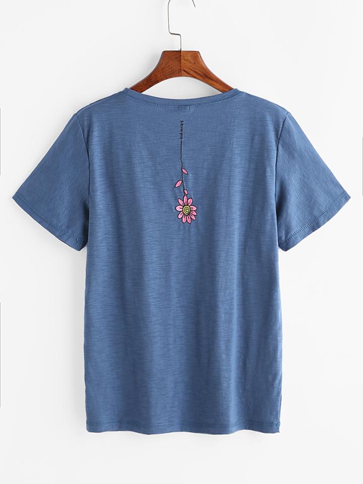 Romwe Blue Flower Embroidered Back T-shirt