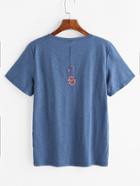 Romwe Blue Flower Embroidered Back T-shirt